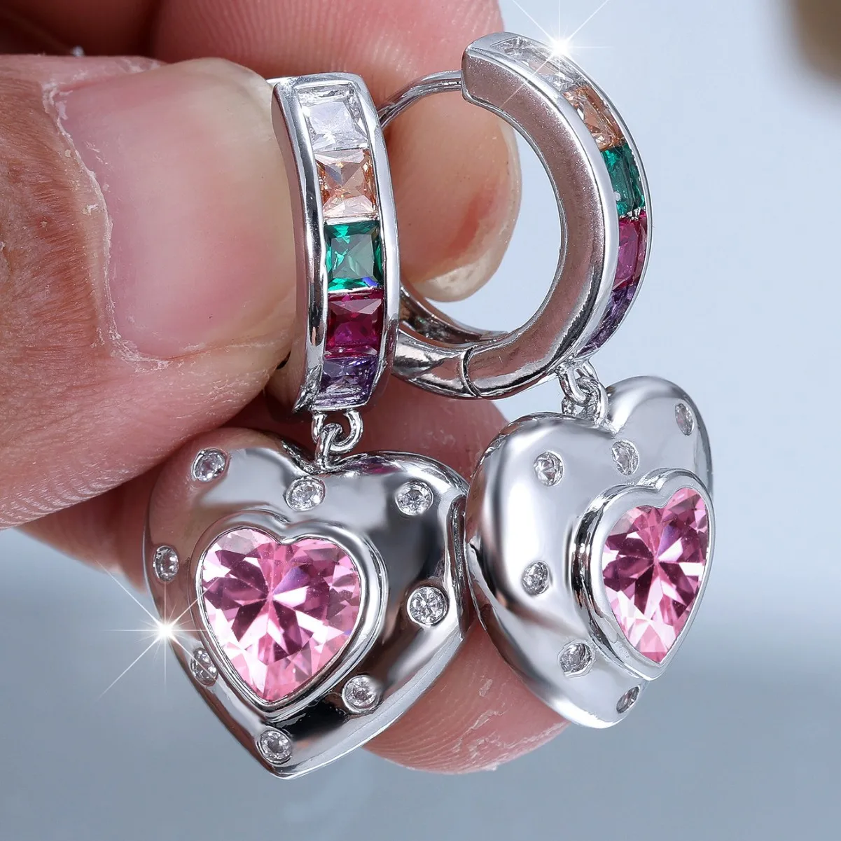 Natural Square Citrine Emerald Amethyst Garnet Pink Sapphire Heart Hoop Earring 925 Sterling Silver Colorful Birthstone Jewelry - view 2