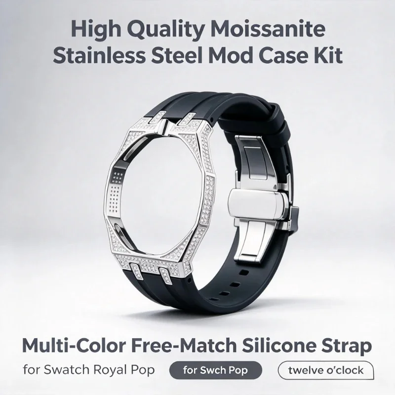 high quality MoissaniteStainless Steel Mod Case Kit, Multi‑Color Free‑Match Silicone Strap for Swatch Royal Pop twelve o'clock