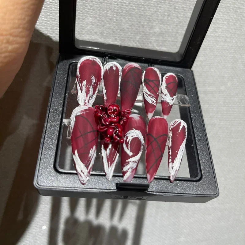 Blood Red Angel Gothic Style False Nails Handmade Aesthetic Y2K Press On Nails Fake Nail With Glue Reusable DIY Coffin Nail Tips