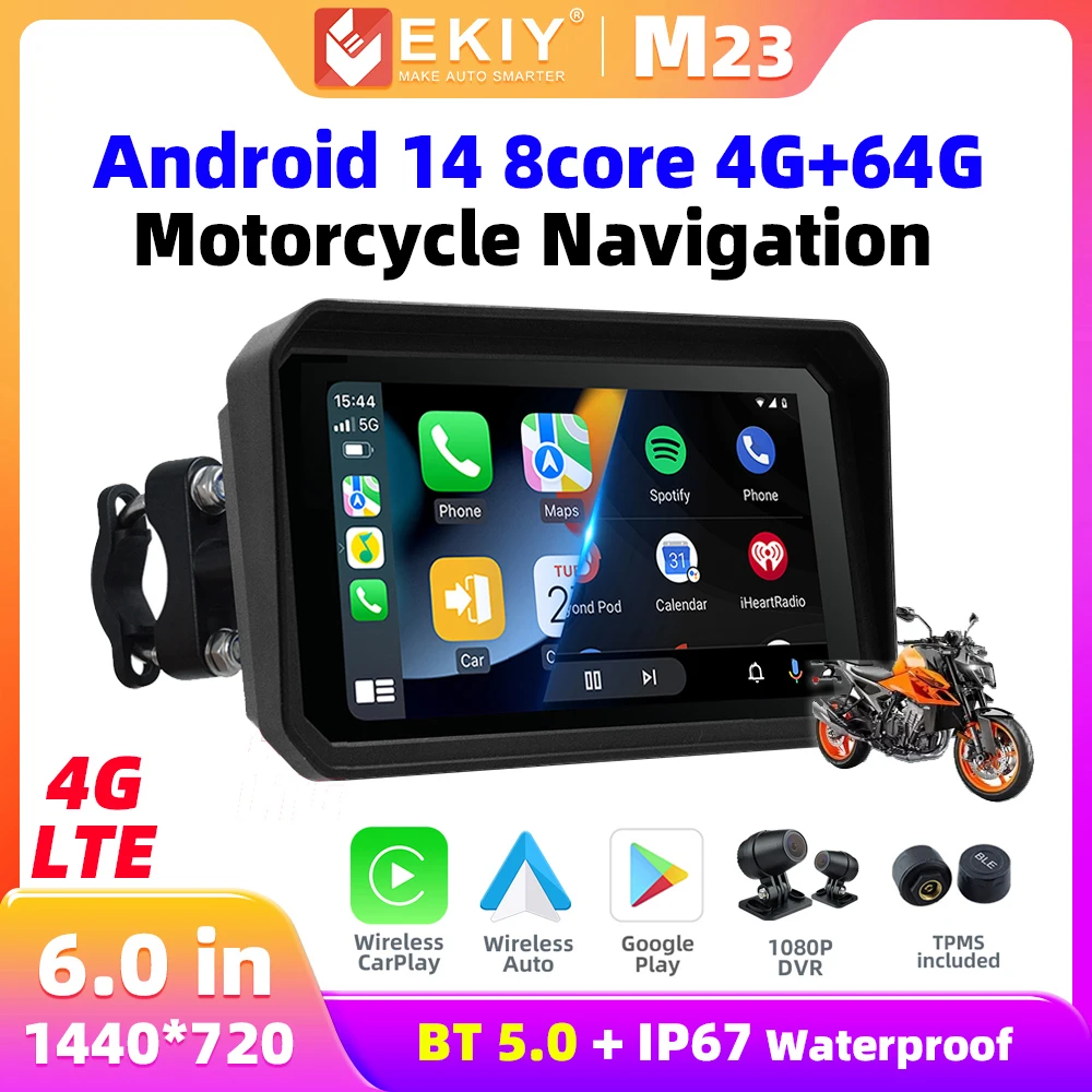 EKIY M23 Android 14 Wireless CarPlay Android Auto Motorbike