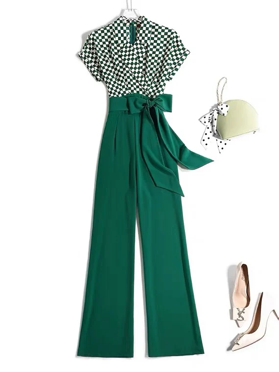 

Шелковый комбинезон Ele для женщин: уникальный шикарный дизайн в черно-белую клетку, летний, для офиса, с широкими штанинами, высокой талией, длинные брюки