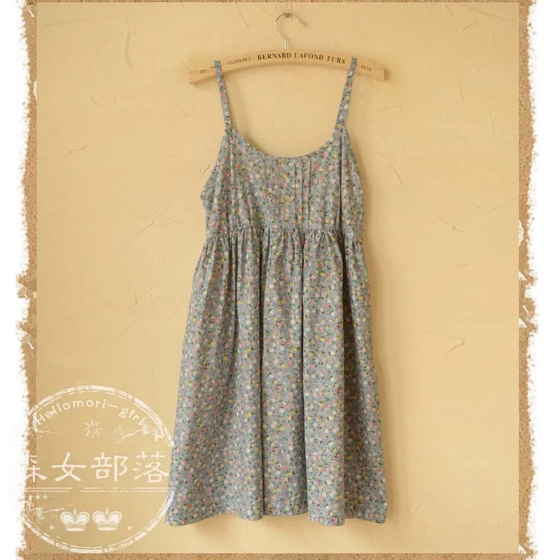 Japanese Mori Girl Women Sweet Cute Floral Print All Match Sleeveless Spaghetti Strap Soft Basic Bottom Female Dress Lolita C182