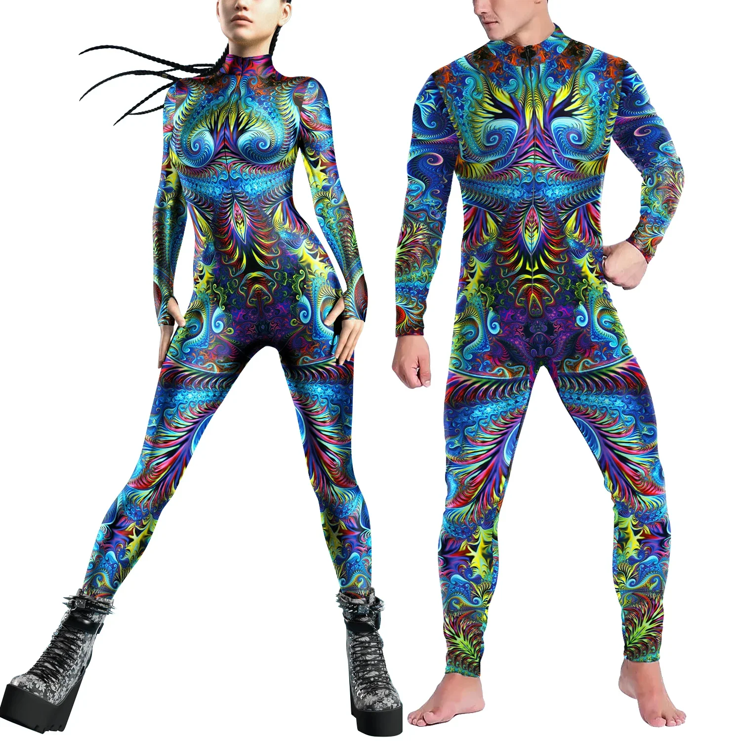 Animal Scales Peacock Feather Printed Jumpsuit Front zipper Catsuit Women Men  Zentai Halloween Bodysuit Party Cosplay Costumes