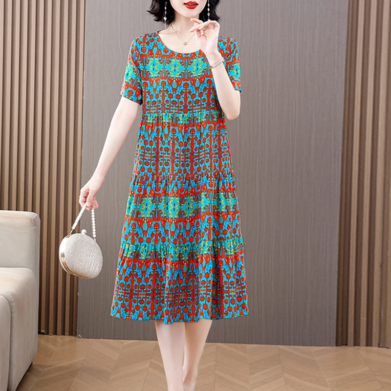 2023 New Style Women Plus Size Dress Vintage Casual O-Neck Elegent A-Line Robe Femme Short Sleeve Vestido Print Summer dresses