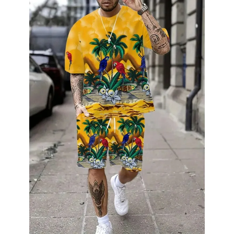 

2025 Men's Casual Round Neck Set Retro 3D Printed Summer Outdoor Street Fashion Short Sleeved Top Shorts Two-piece Set