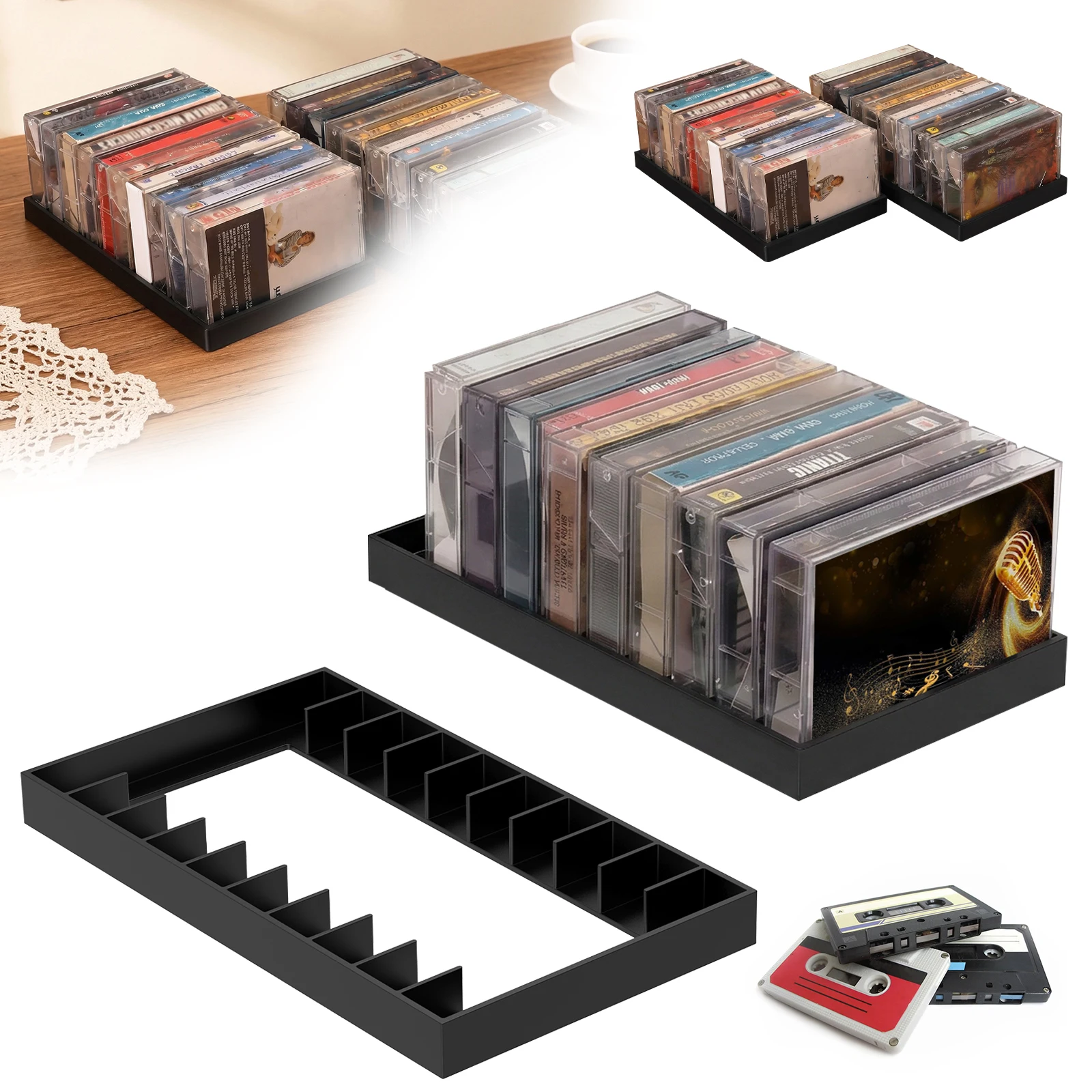 2Pcs Cassette Tape Storage Rack Audio Cassette Tape Holder Rack 20 Slot Total Cassette Tape Organizer Rack for Studio Desktop
