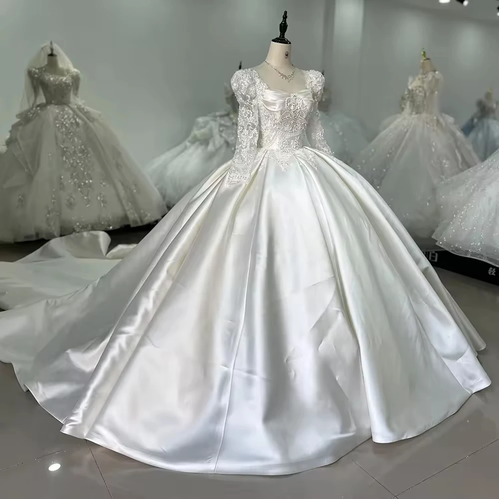 فستان mire عوVestido de novia de lujo con lentejuelas y cuello cuadrado, manga larga, con cordones y abertura en la cerradura en la espalda