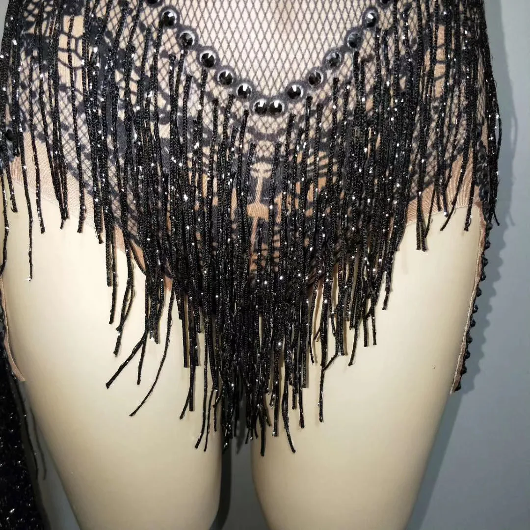 Glänzende Diamanten Schwarz Fransen Frauen Bodys Nachtclub Pole Dance Bühne Tragen Abendkleid Prom Party Geburtstag Feiern Kostüme