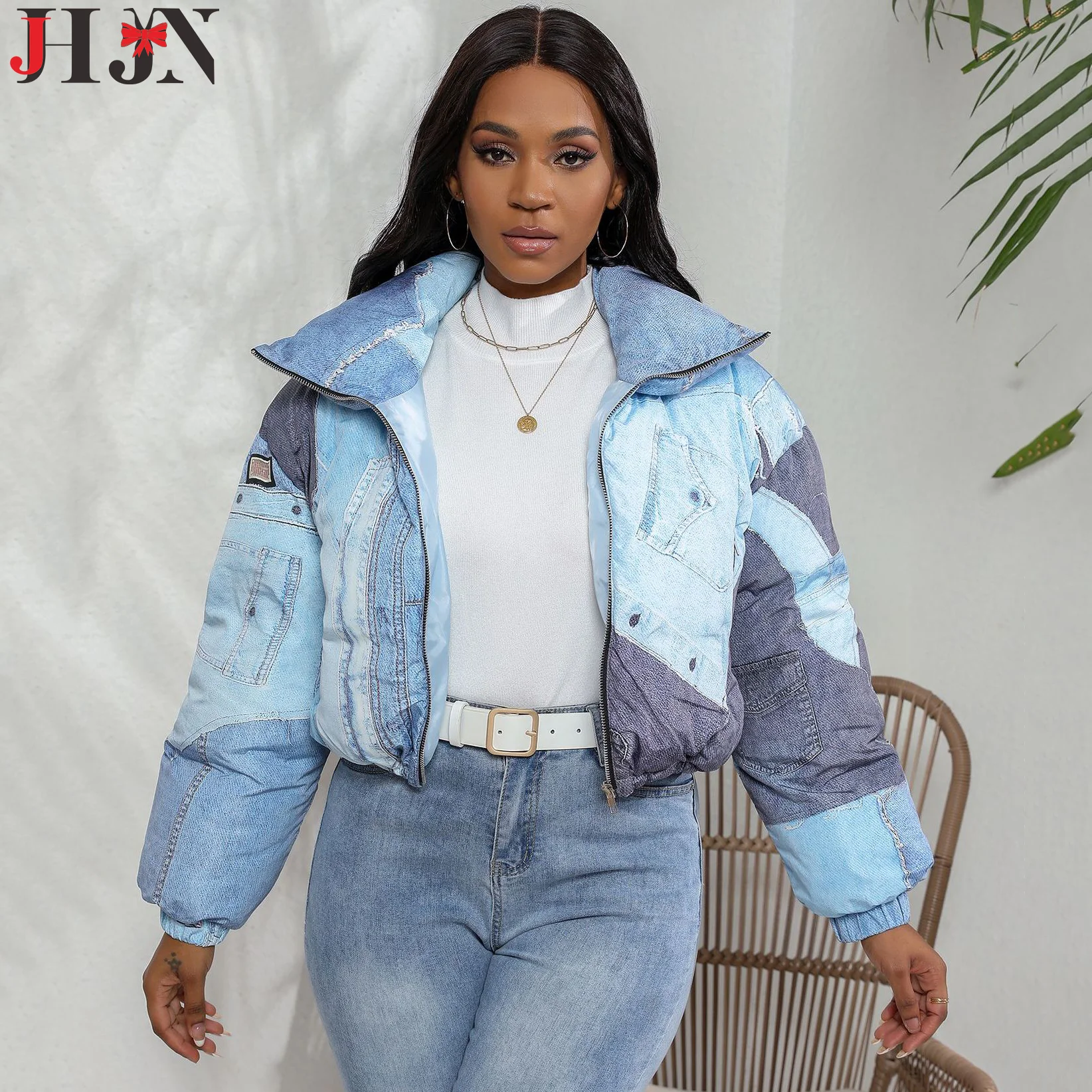 JHJN  Casual Women's Clothing Port Wind Jacket Denim Print Cotton Jacket Cowboy Splicing Chao Pai Luxury Brand