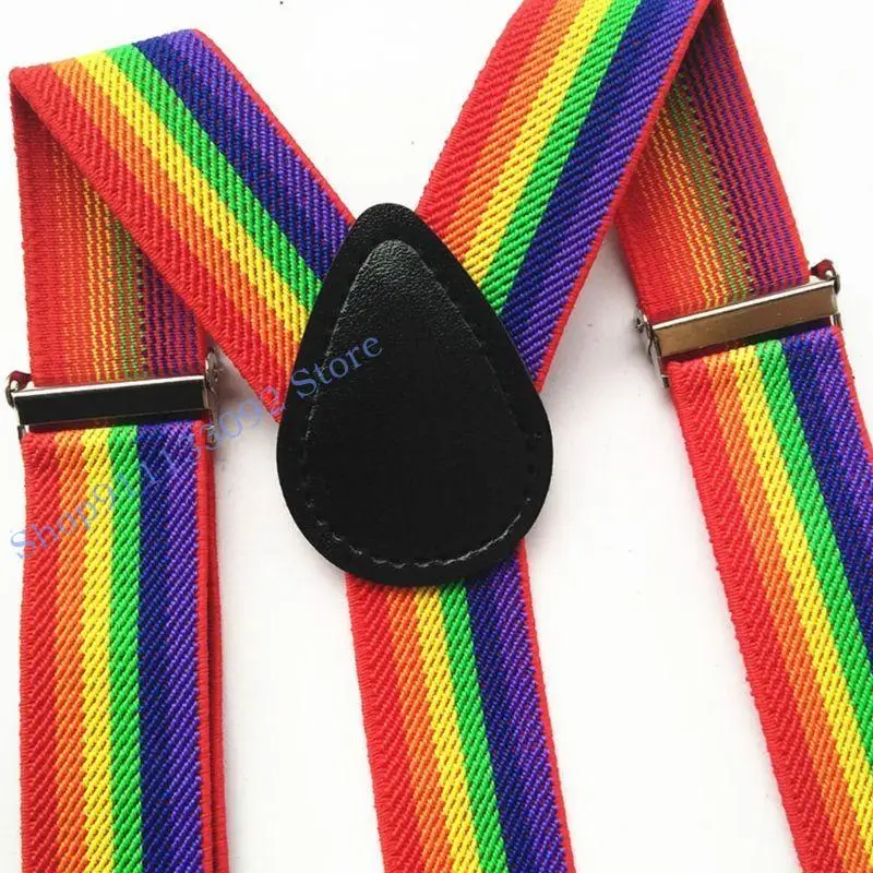 H9ed Warna -warni Striped Strap Rainbow Bib Pants Straps Clip Adult Unisex Suspender Buc