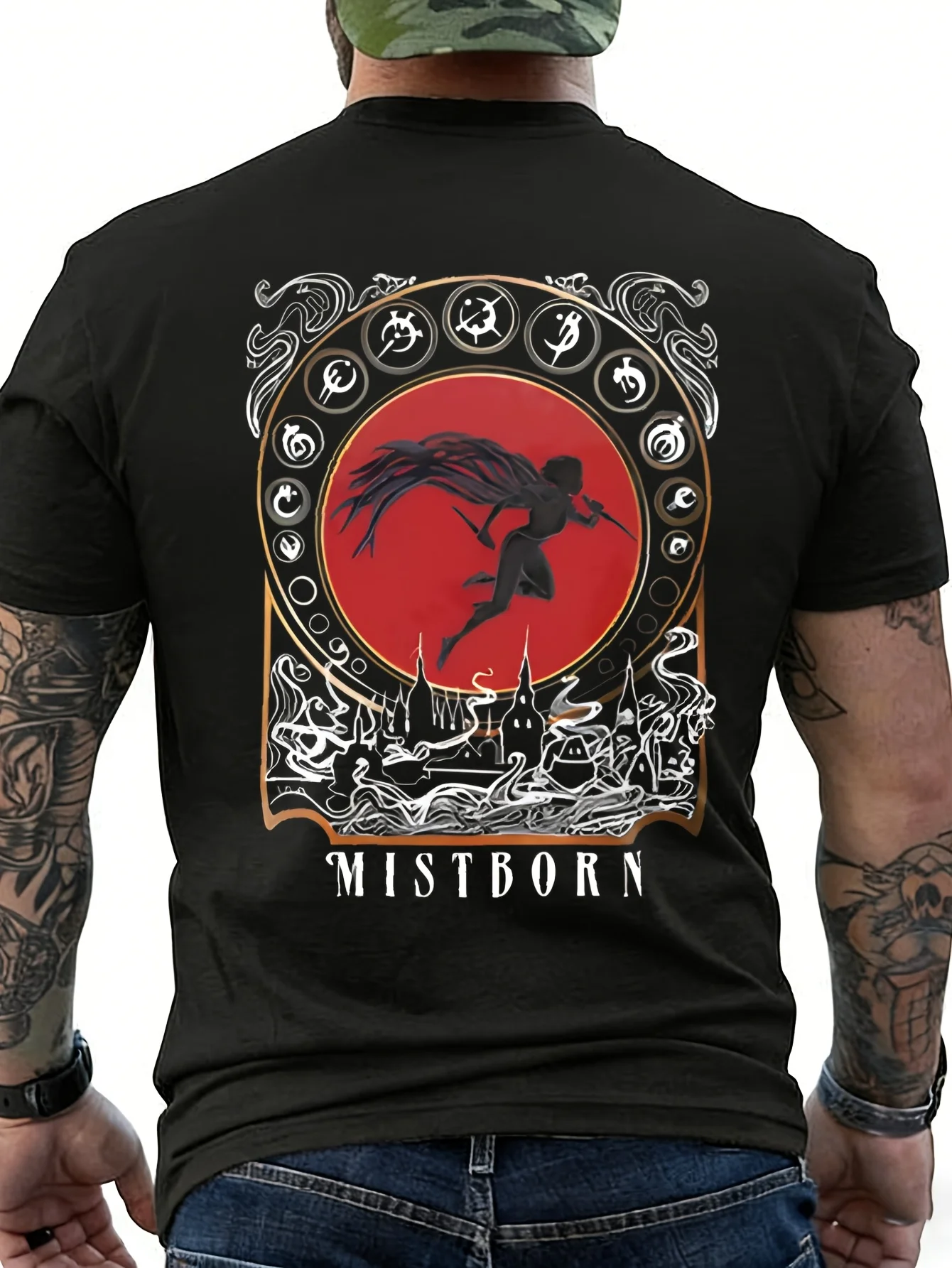 Mens T Shirt Black Mistborn Fantasy Design Red Circle and Silhouette of Flying Figure and Castle Scene for Fans of The Series