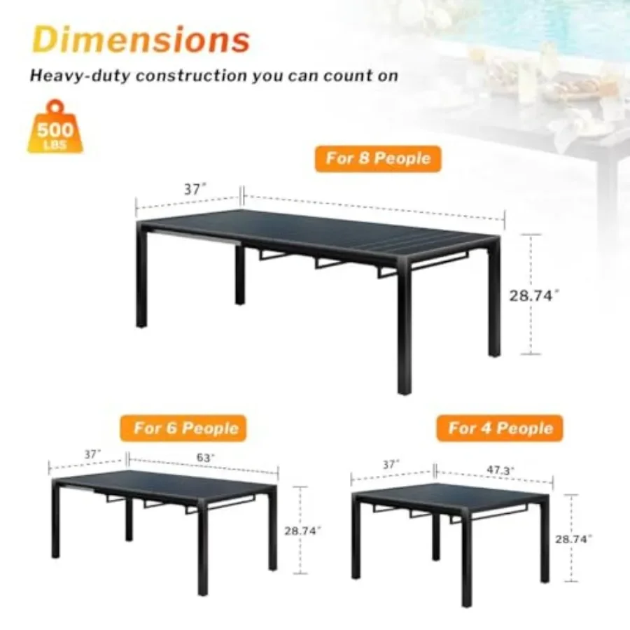 Expandable Patio Dining Table for 8, 78.8 Large Adjustable Rectangular Outdoor Table in Black Metal for Garden, Lawn, Backyard