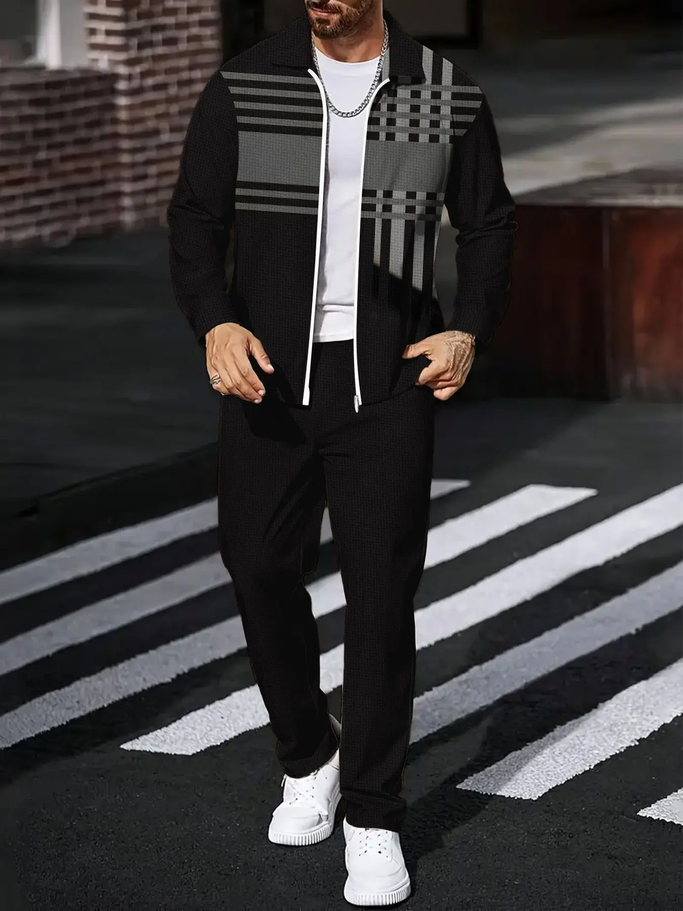 

Комплект из 2 предметов, модный мужской спортивный топ с длинными рукавами и длинные брюки в европейском и американском стиле.