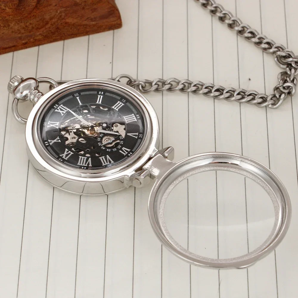Fashion Silve Personality Mens Mechanical Hand Wind Pocket Watch with Chain Steampunk Vintage Pocket Fob Watch PJX1749