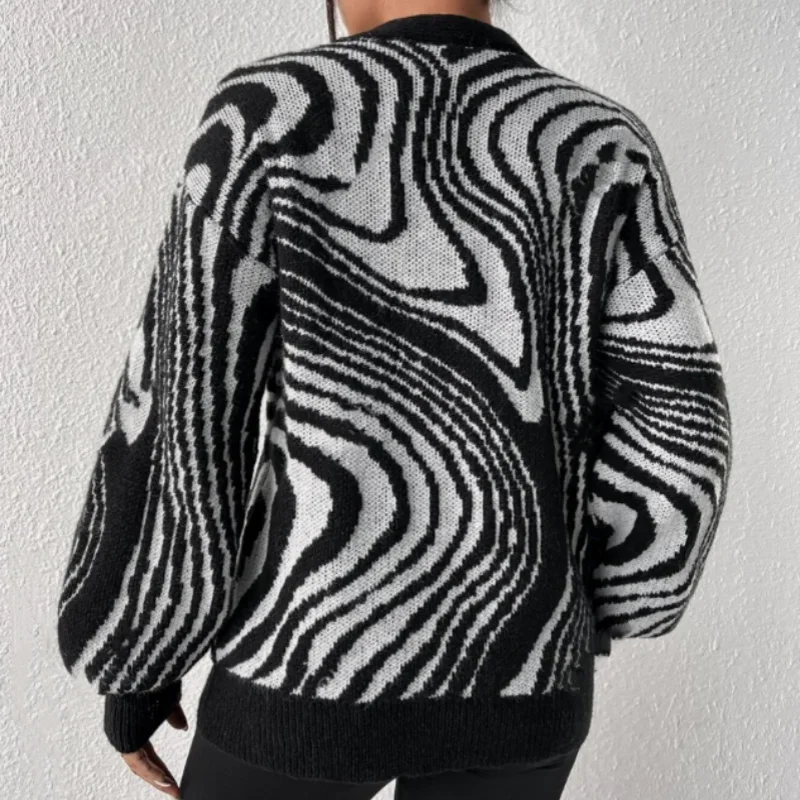 الخريف والشتاء زيبرا المشارب المألوف فضفاض الكتف قطرة شخصية سترة الخامس الرقبة أعلى الملابس النسائية