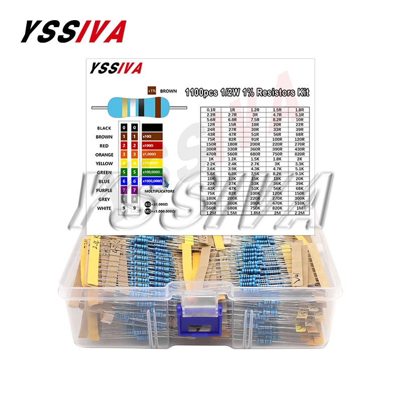 

1100pcs 1/2W Metal Film Resistor Kit 1% 0.1 ohm - 2.2M 110 ValuesX10pcs 0.5W Resistance Set Assortment Pack