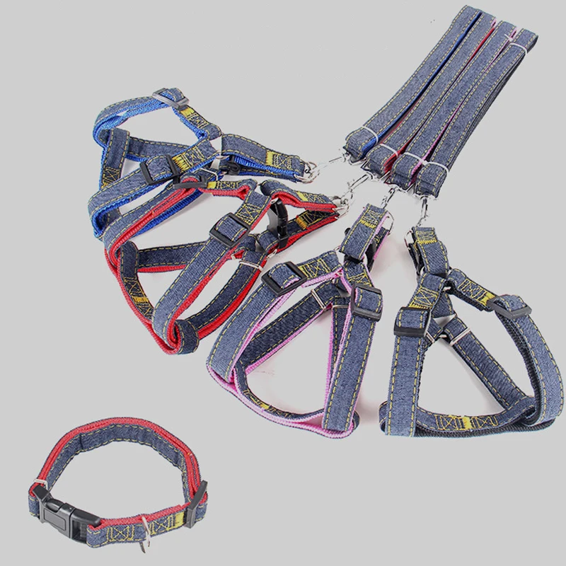 Durable Denim Dog Harness And Leash Vest Set For Pet Walking_voghion.com