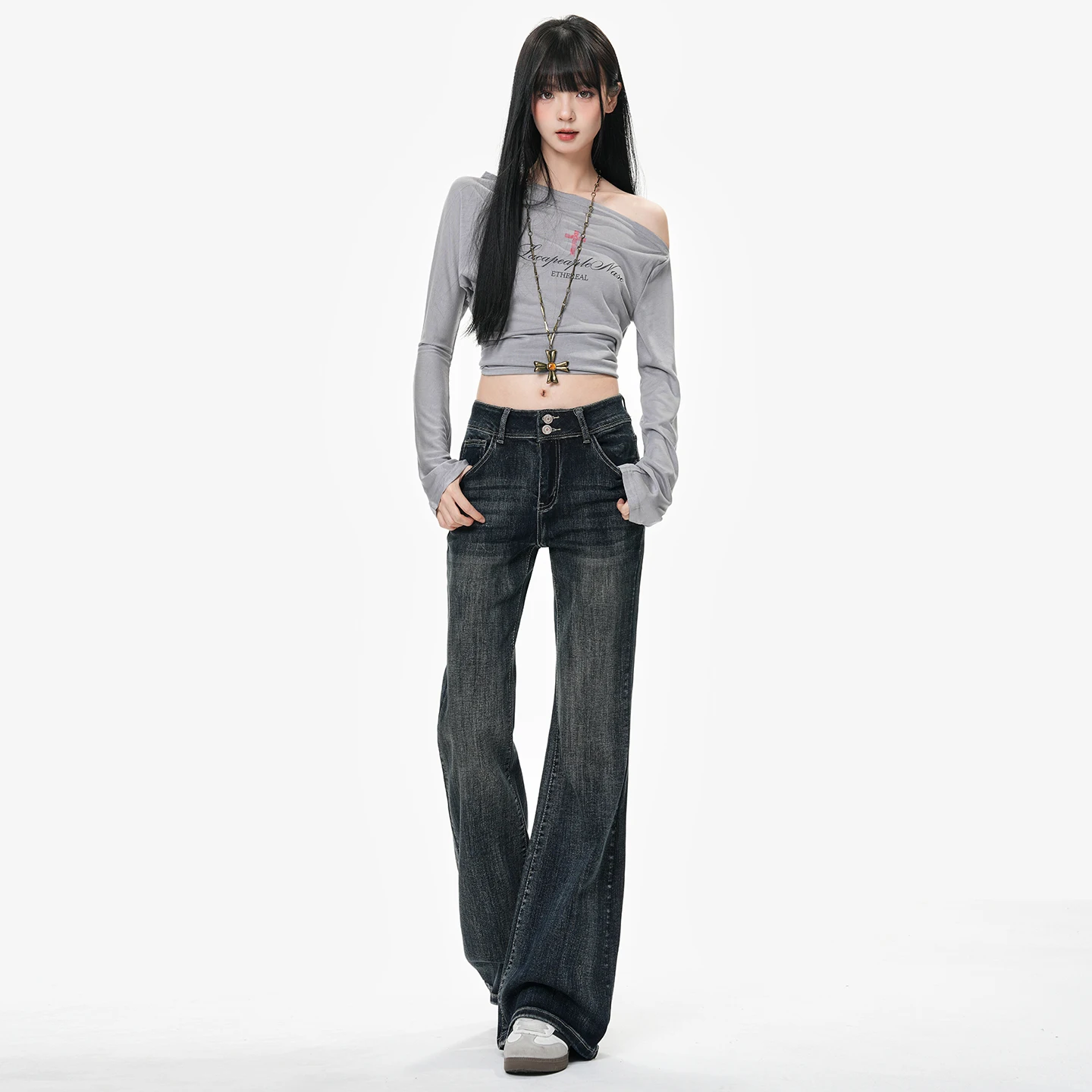 Y2k Pantaloni Jeans Donna Vita alta Svasato Bootcut Azzurro Grigio Stretch Pancia Controllo Pantaloni a gamba larga Autunno Inverno Nuovo