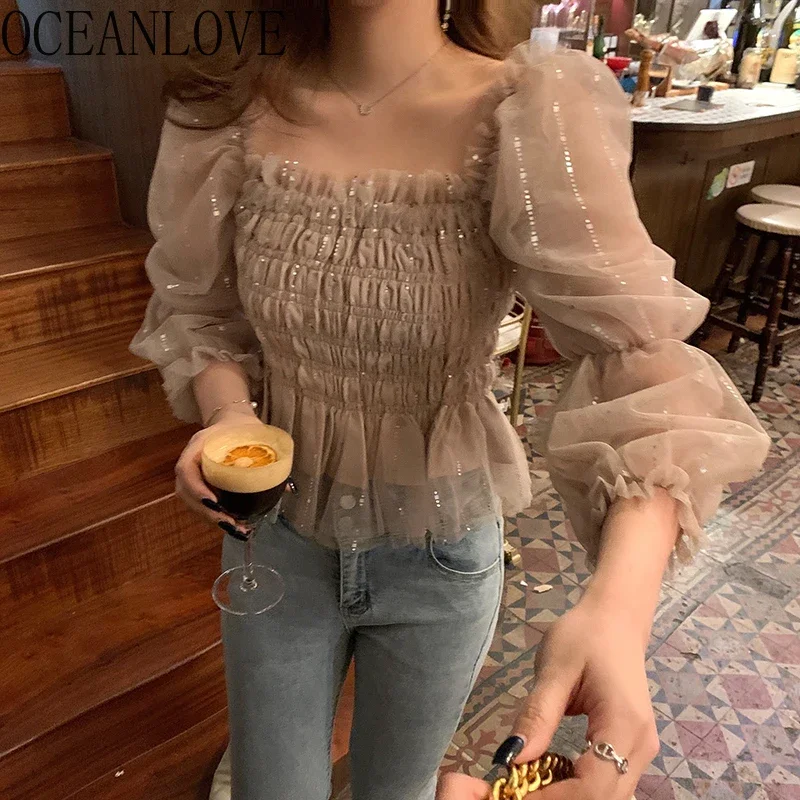 OCEANLOVE Chiffon Blouse Women Tops Solid Slash Neck Puff Sleeve Spring Sweet Shirts Ruffles Sequins Blusas Mujer 2021 Ins