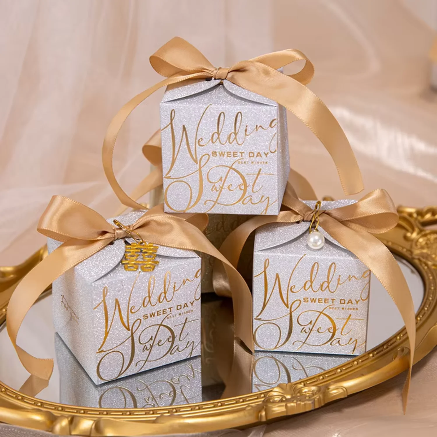 European Glitter Paper  Silver Candy  Wedding  Favors Chocolate Paper  with Ribbon