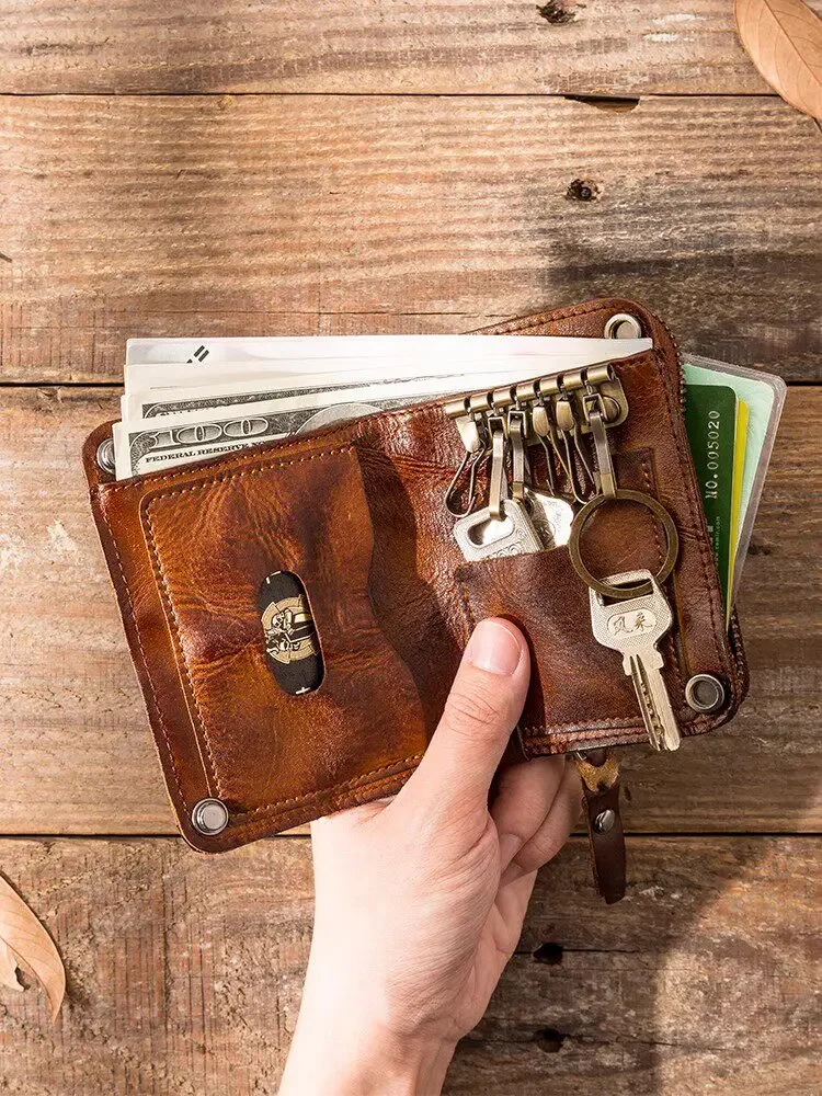 Retro leather multifunctional key bag handmade vegetable tanned cowhide change bag