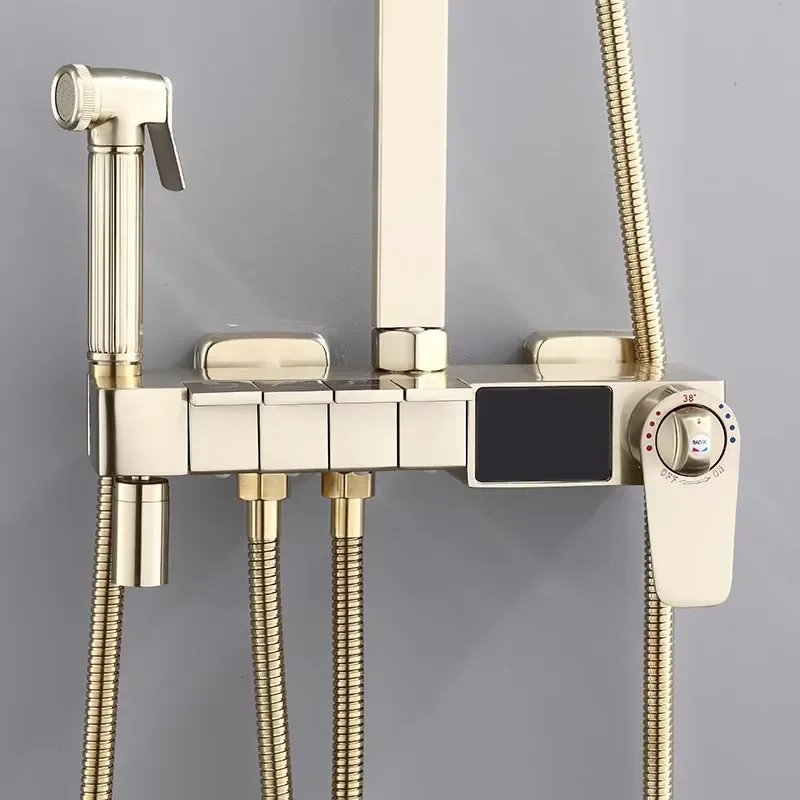 Intelligent LED Digital Display Thermostatic Shower Set Gold Piano Keys Bath Faucet System Set for Apartment