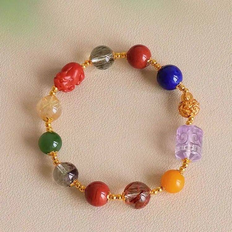 

Duobao Bracelet Natural Southern Red Green Ghost Golden Hair Crystal Amethyst Lapis Lapis Sterling Silver Lucky PiXiu HandString