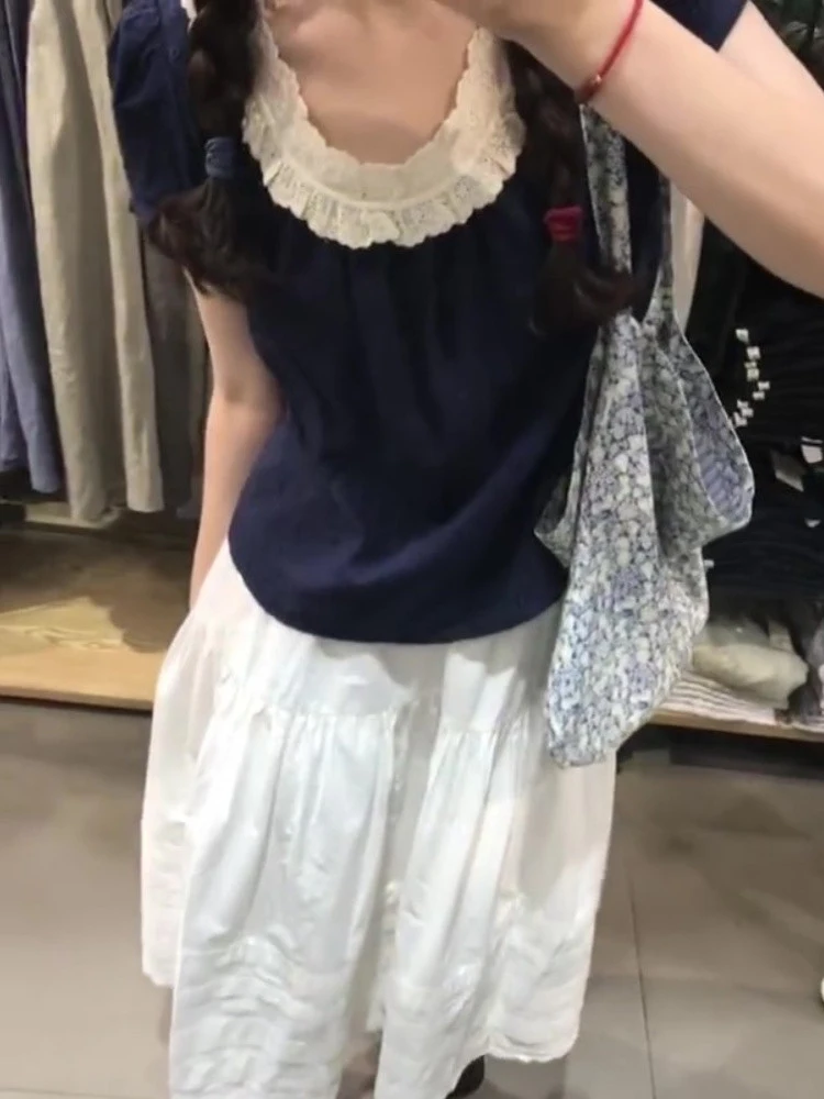 Dentelle épissure f jupe deux pièces ensemble Long Dr paresseux Sle T-shirt à volants taille haute bulle Sve ort Sve printemps été...