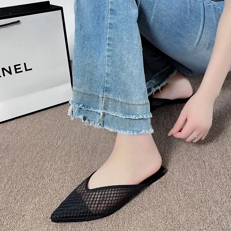 2024 New Women's Pointed Toe Flat Soft Shoes Flip Flop Women's Shoes Mesh Closed Toe Women's Slippers Simple Formal Slippers