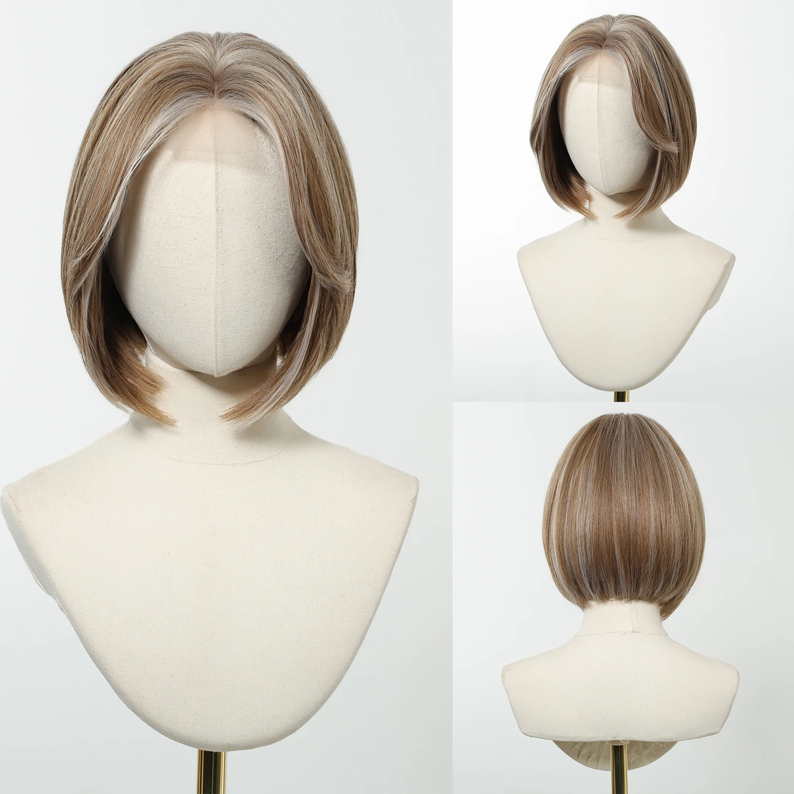 Light Brown White Highlights Synthetic Wigs For Women Hairline Lace Front Bob Wig With Eight Character Bangs Natural Hair