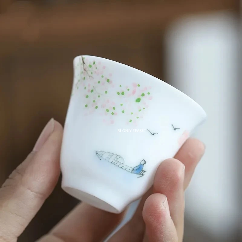 Chinese Handmade Ceramic Teacup Hand Painted Flower Pattern Tea Cup White Porcelain Tea Bowl Master Cup Household Tea Set