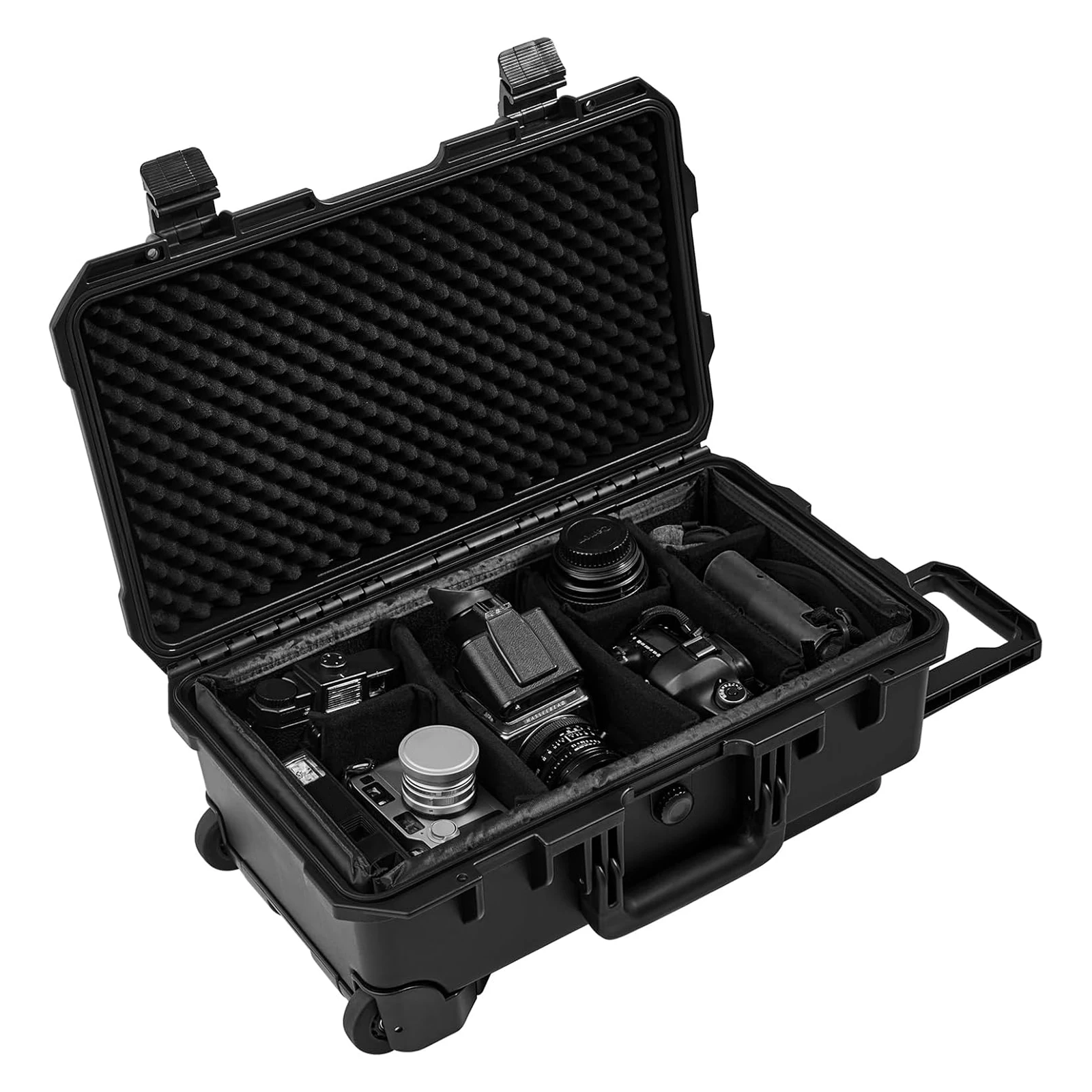 Weatherproof Hard Case, Heavy Duty Protective Dry Box Case with Pre-cut Foam, Wheels & Retractable Pull Handles for Travel, Hunt, Military, Waterproof Case for Cameras