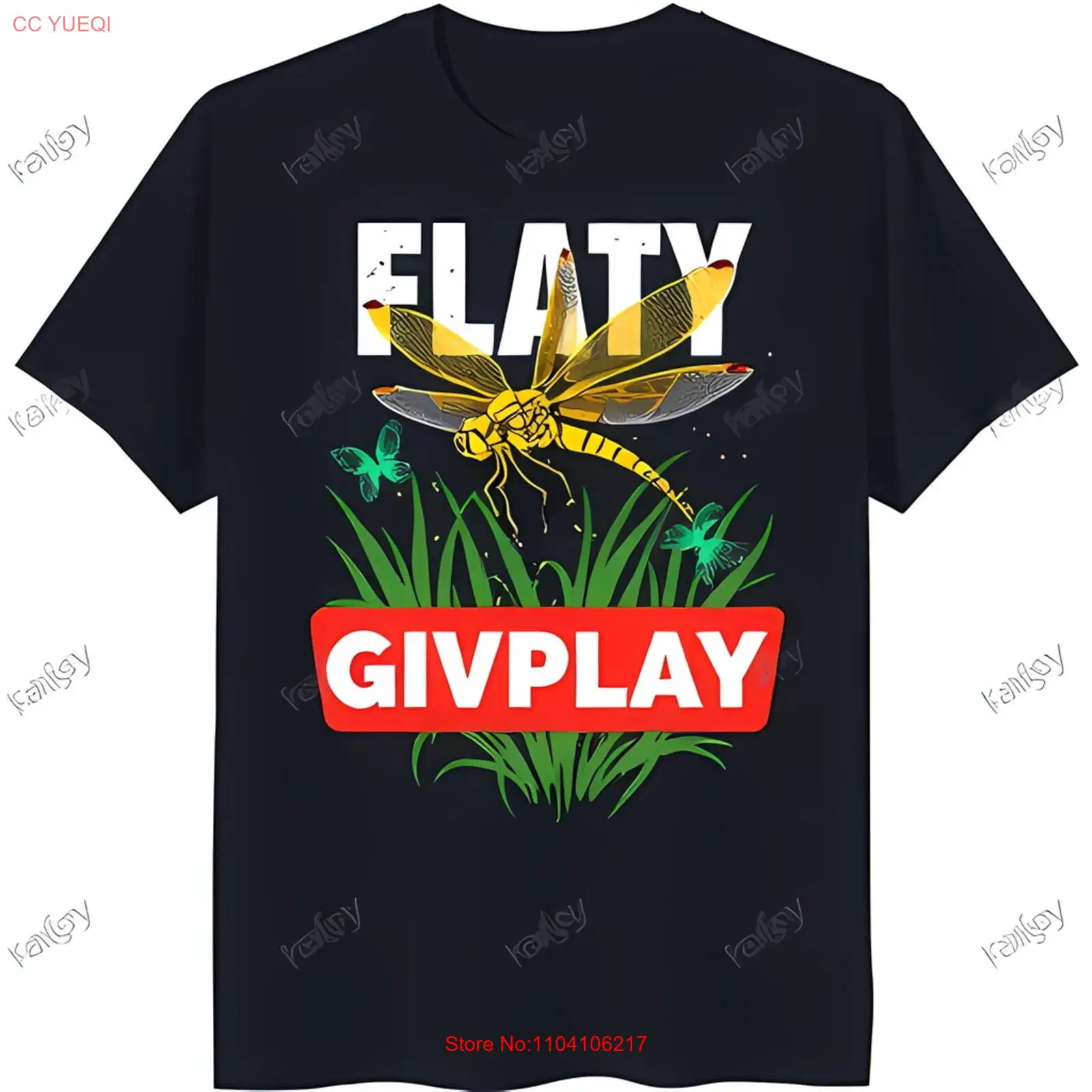 Black T-Shirt with Yellow Dragonfly Design Green Grass & Butterflies 'FLAY GIVE