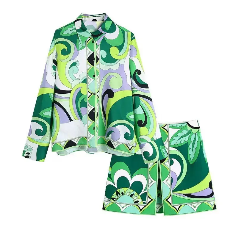 Summer Skirt Sets Women Tops 2025 Fashion Long Sleeve Plant Print Flower Shirt High Waist A-line Skirt Boho Beach Sets Y2k Skirt