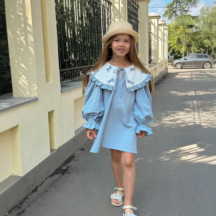 

2025 New Russian Girls Cotton and Hemp Spring and Autumn Trendy Color Blocked Lotus Leaf Edge Collar Bow Sweet Princess Dress