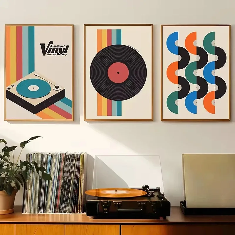 Retro Vinyl Record Print Mid Century Music Minimal Pastel Poster Colorful Wall Art Trendy Minimalist Turntable Room Home Decor