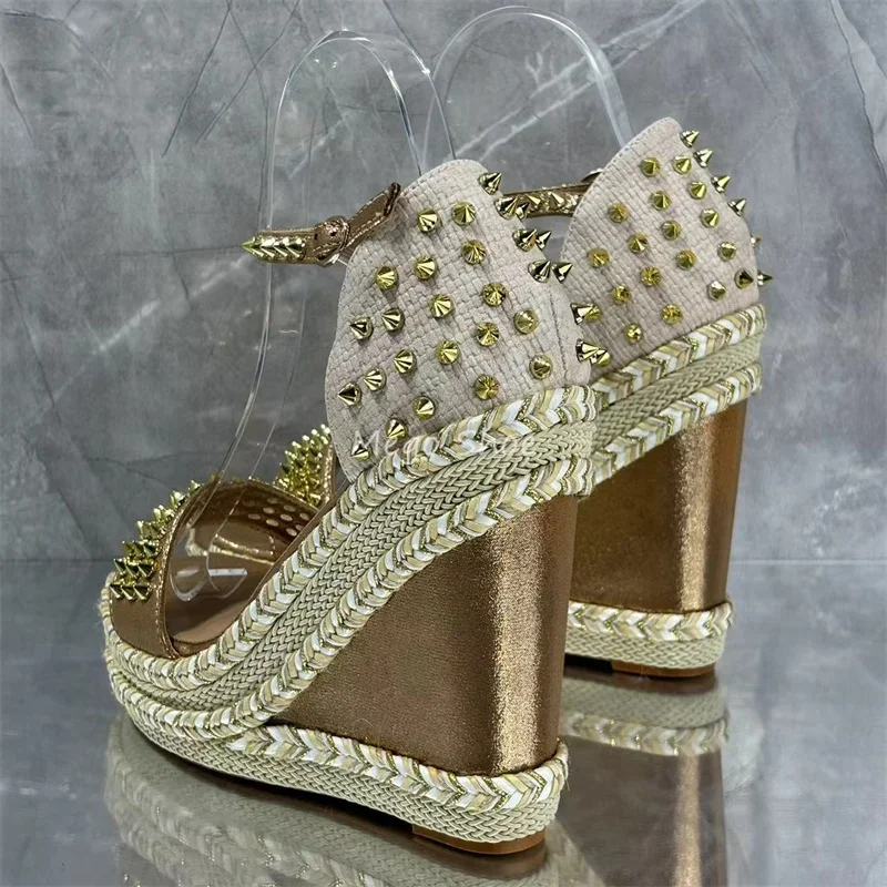 Golden Rivets Wedges High Heels Platform Sandals for Women Luxury Brand Design Cover Heel Designer Brand Design Shoes New