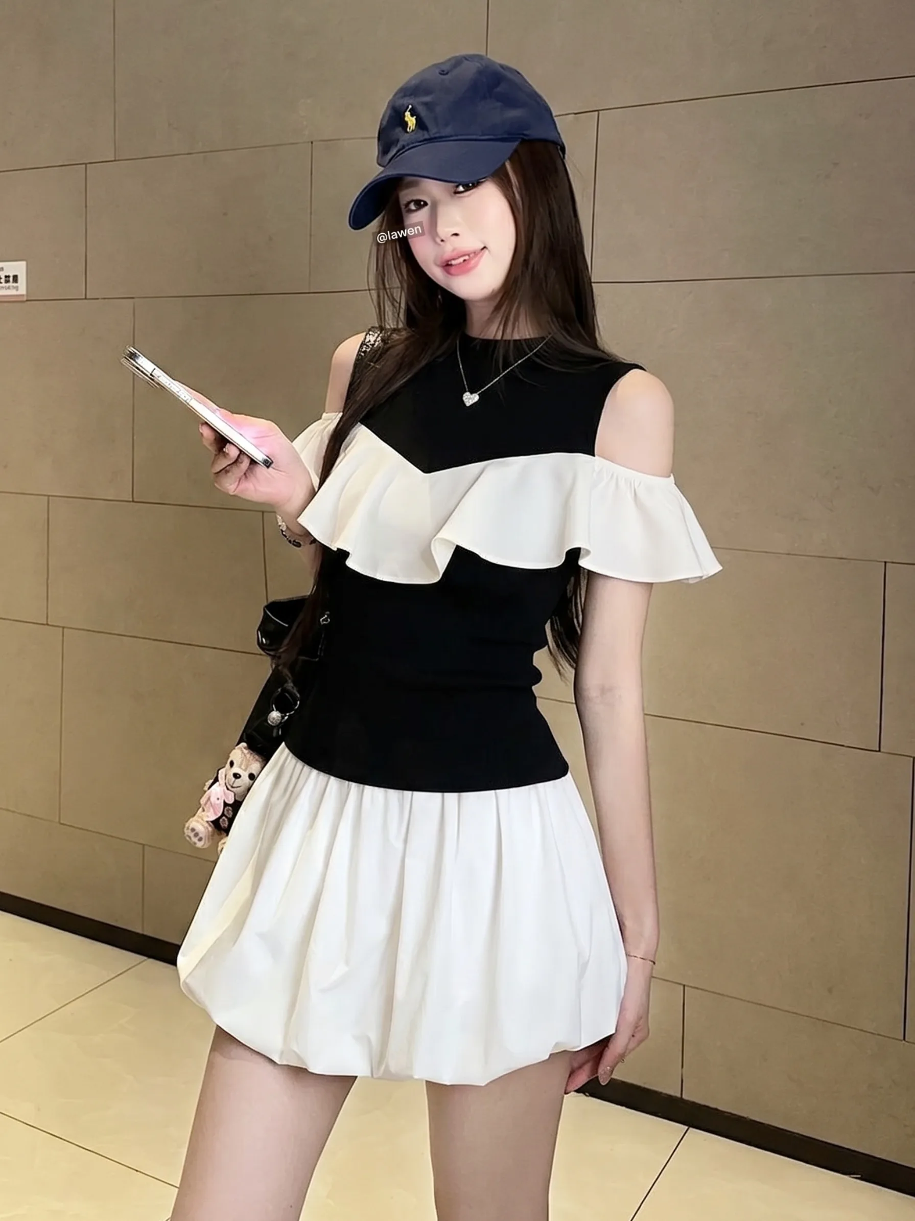 plus Size Summer Korean Style T-Shirt Ruffle Hem Color Block Slimming Versatile Top Elegant Short Sleeve round Neck Casual Wear
