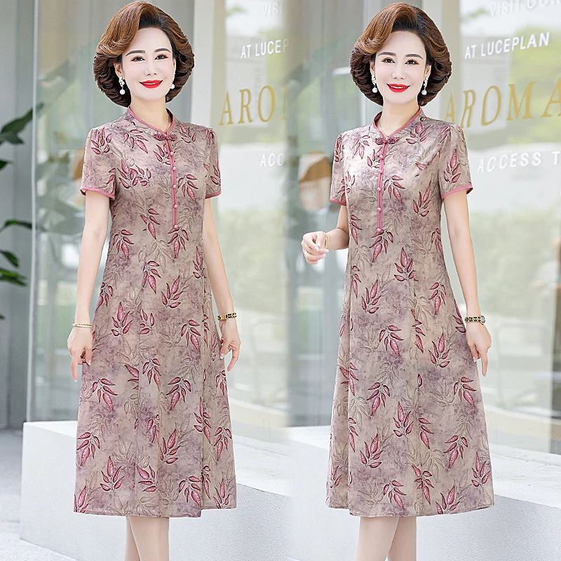 Cheongsam-vestido de seda con estampado Floral para mujer, traje informal ajustado de manga corta para verano