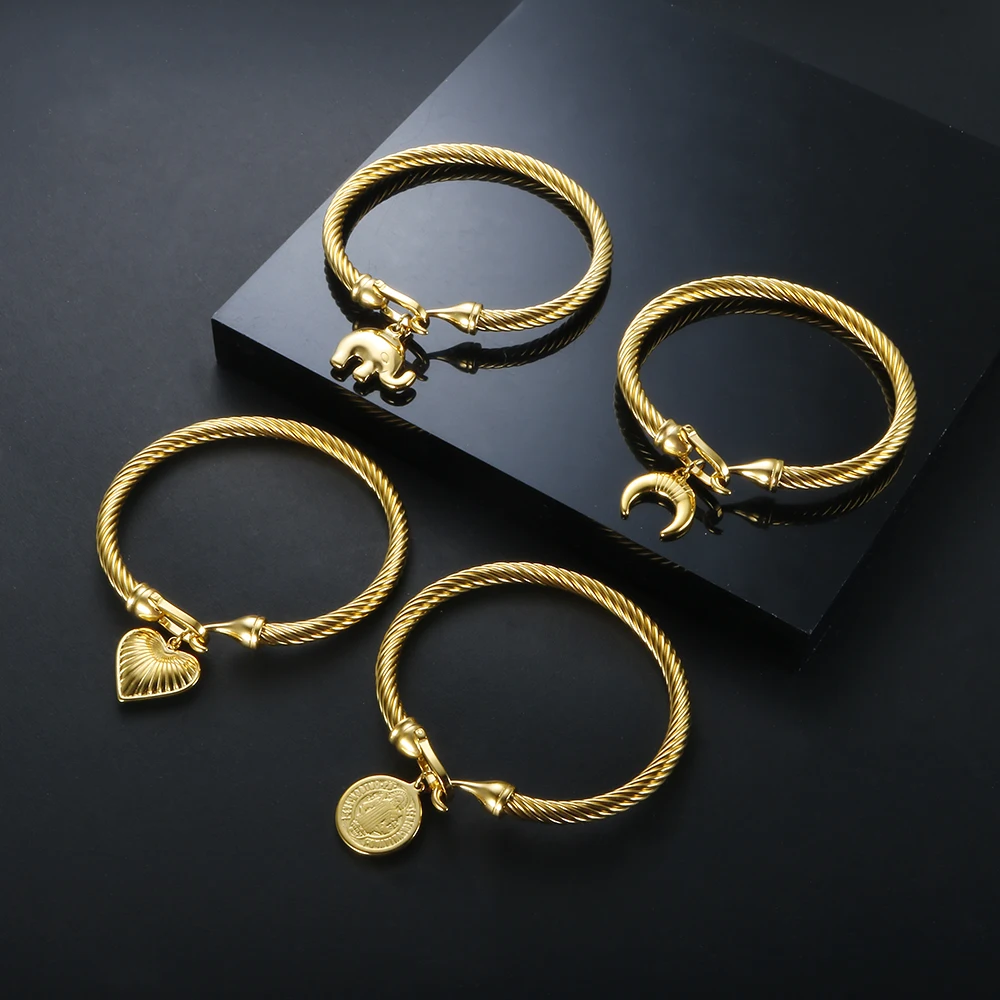 

316L Stainless Steel Wire Bangles for Women Men Couple Gold Color DIY Accessories Heart Pendant Charm Bracelet Religious Jewelry