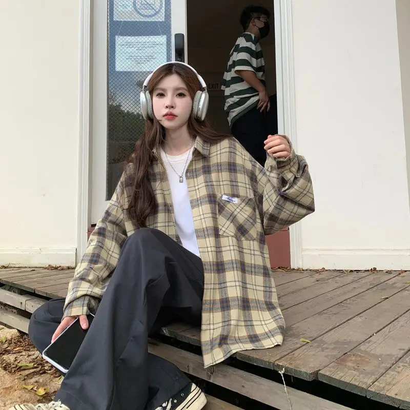 

Retro American High Street Plaid Long Sleeve Shirt Women's Casual Loose Spring Autumn New Style Versatile Casual Shirt Coat