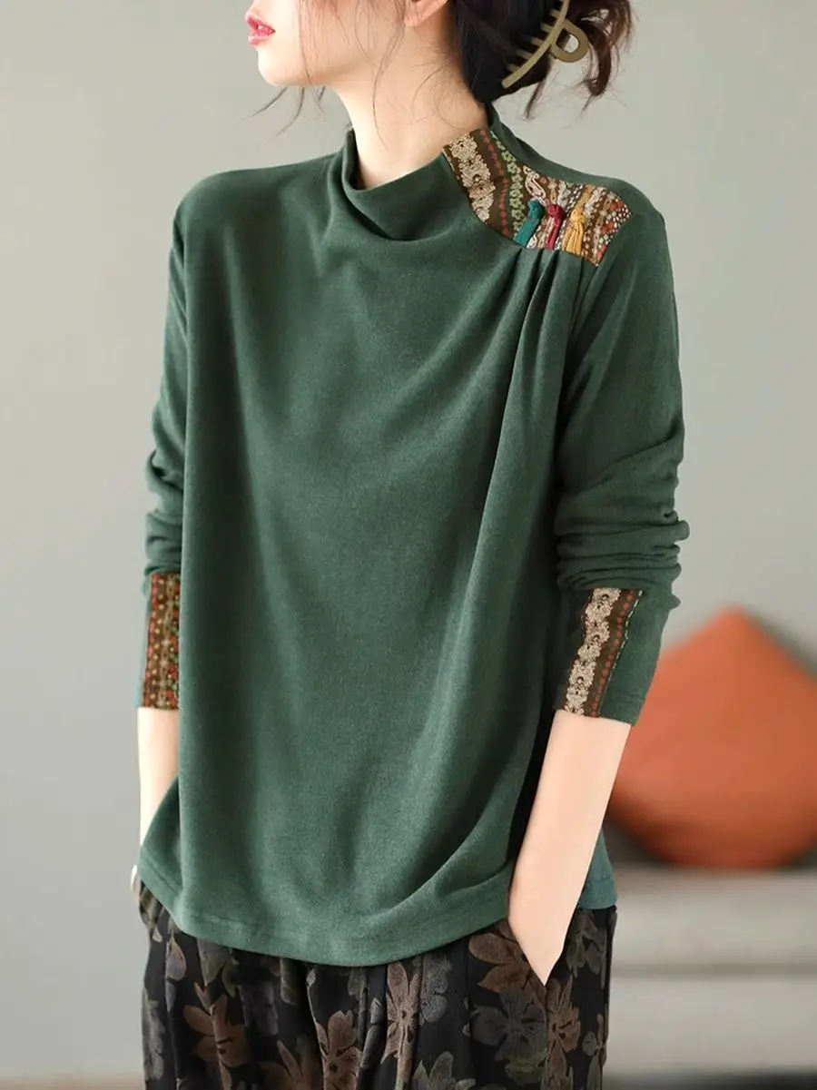 Double-Sided Velvet Head-Turner Top Artistic Retro Ethnic Print Patchwork Base Shirt Women Long Sleeve Button-Up T-Shirt