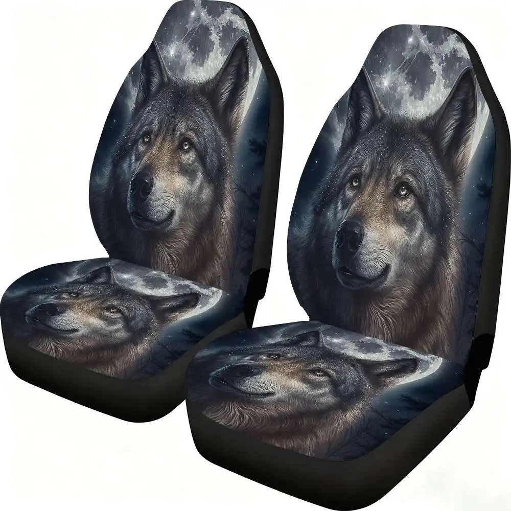 2pcs Wolf & Moon Car Seat Covers - High Back Design, Durable Polyester, Fit For Cars, SUVs, Trucks - Women'S Car Accessories, Ch