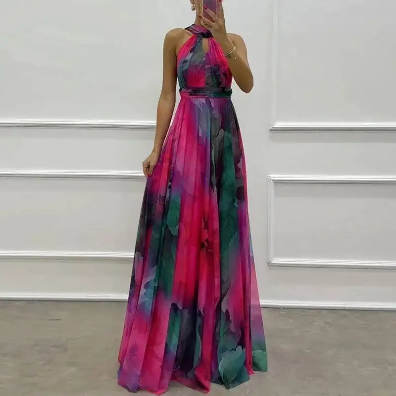 

Elegant Off Shoulder Chiffon Tie-up Pleated Party Dress Women Fashion Flower Print Bohe Long Dress Women's A-line Maxi Dresses