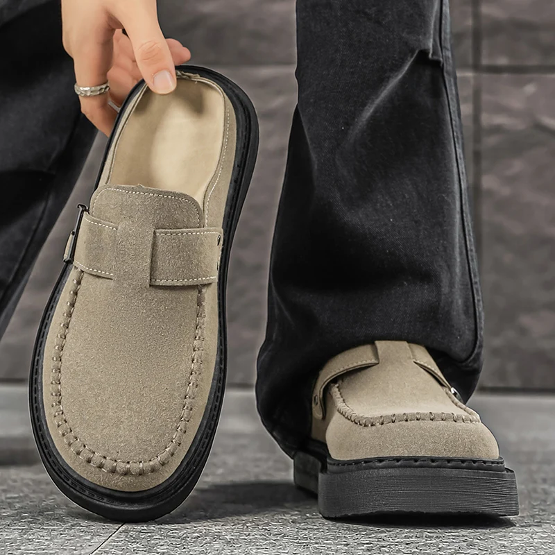 Men's Thick-Soled Half-Mule Slippers, Retro Suede Buckle Backless Slip-Ons, Height-Increasing Non-Slip Casual Outdoor Mules, Daily Commuter Men's Shoes