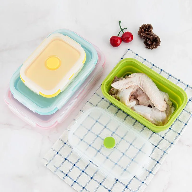 4Sizes Silicone Collapsible Lunch Box Food Storage Container Colorful Microwavable Portable Picnic Camping Rectangle Outdoor Box