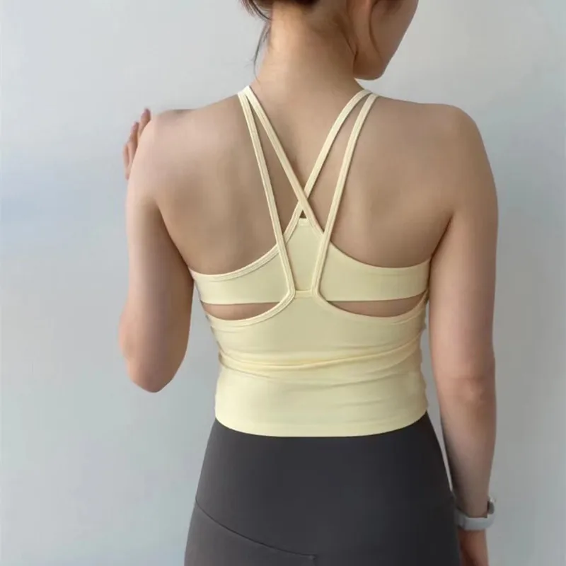 

Summer Sexy Back Yoga Tank Tops Women Fitness Crop Top Padded Training Sleeveless Sport Tops For Gym Thin Strap Running Vest