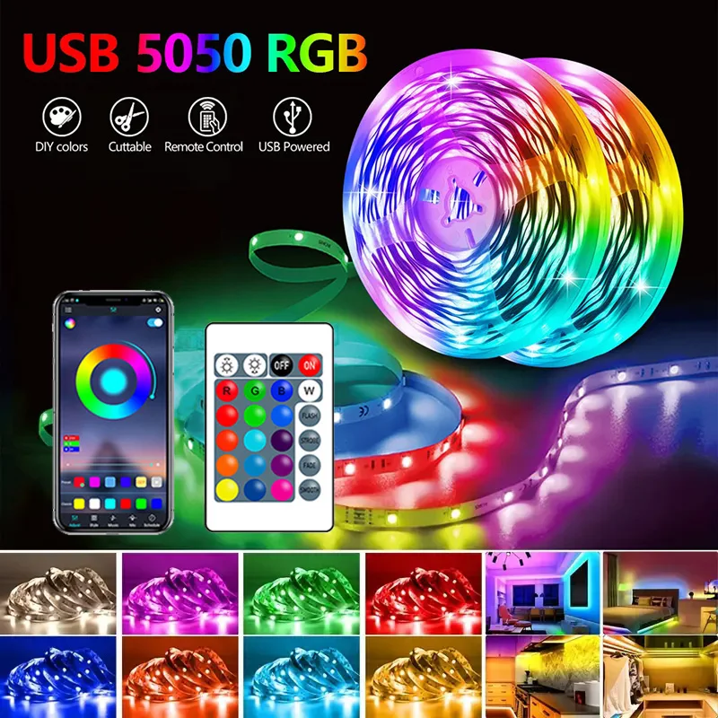 RGB LED Strip Lights 5050 Bluetooth APP Control Color Changing Light Flexible LED Lamp Tape Ribbon for Room Decoration Backlight