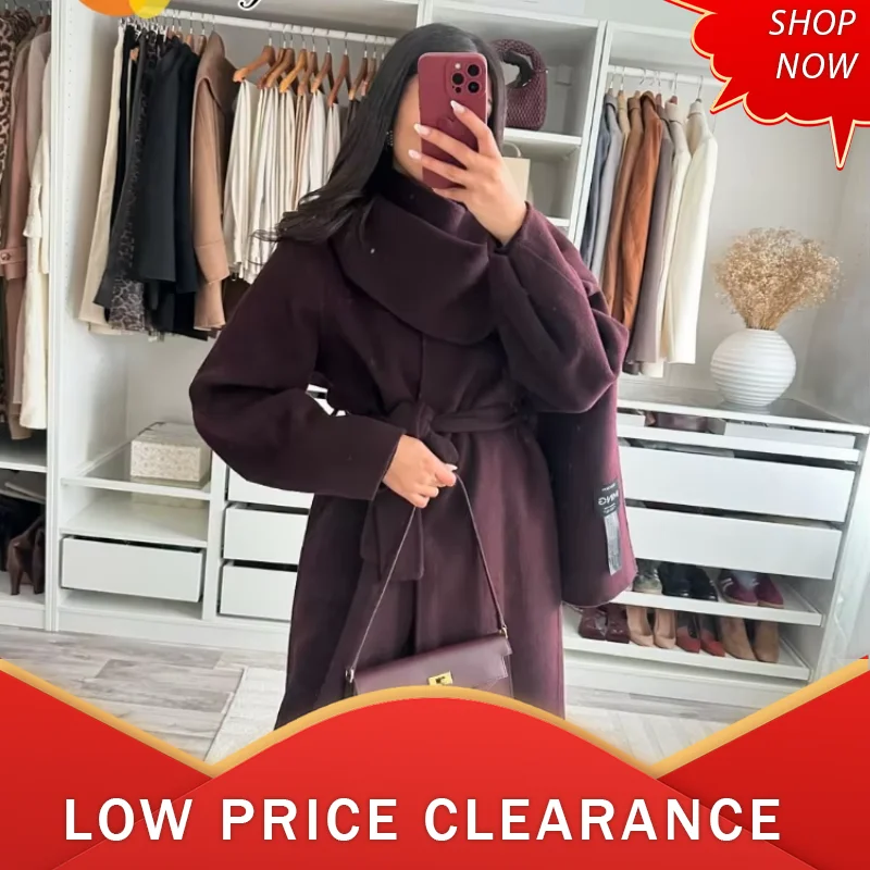 Women Elegant Long Sleeve Belt Long Coats Chic Burgundy Scarf Collar Wool Blend Overcoat 2024 Winter New Lady Commute Outerwear