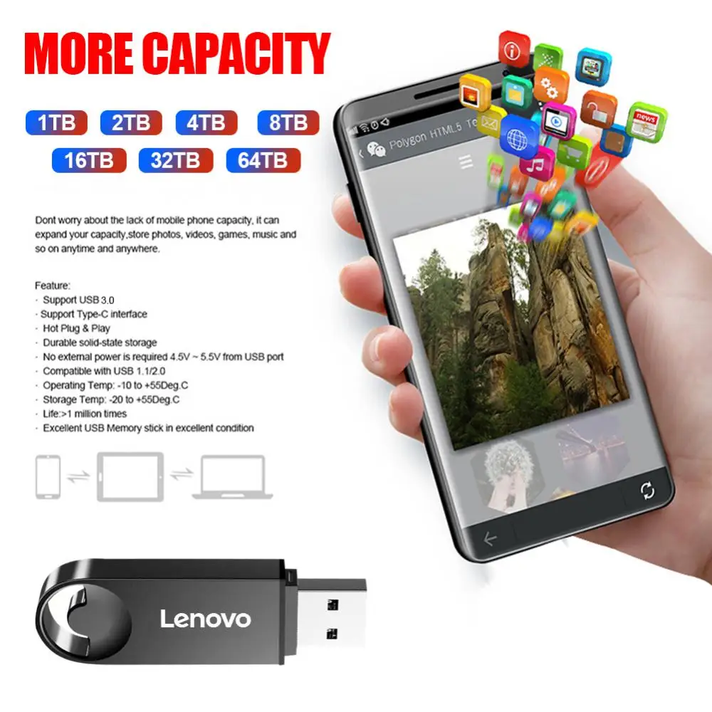 Lenovo 64TB USB 3.0 Pen Drive 8TB Flash Drive 4TB High Speed Transfer Metal SSD Pendrive Cle U Disk Pendrive Memoria USB Stick